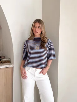 Hannah strepen tshirt blauw/bruin