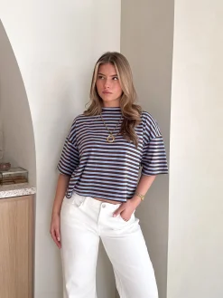 Hannah strepen tshirt blauw/bruin