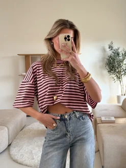 Hannah strepen tshirt roze/bruin