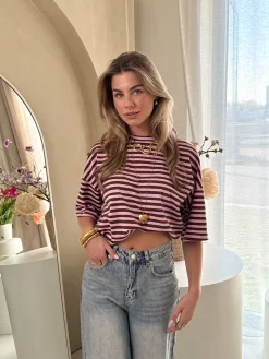 Hannah strepen tshirt roze/bruin