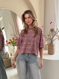 Hannah strepen tshirt roze/bruin