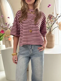 Hannah strepen tshirt roze/bruin