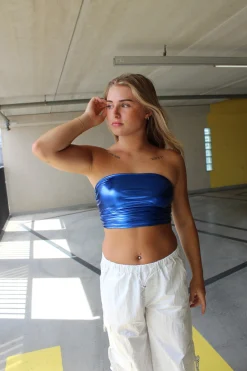 Metallic tube top blauw