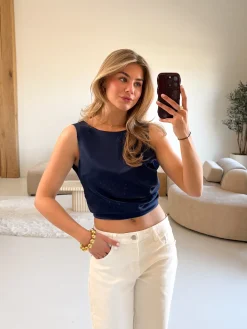 Satin top Jill navy blauw