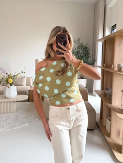 Stippen top off shoulder Polka groen
