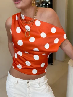 Stippen top off shoulder Polka oranje