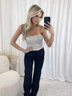Strapless glitter top beige