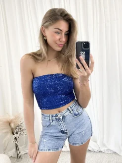 Strapless glitter top blauw