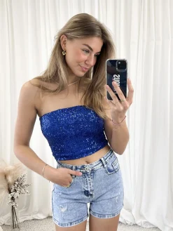Strapless glitter top blauw