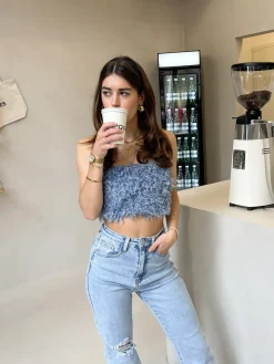 Strapless veren top blauw