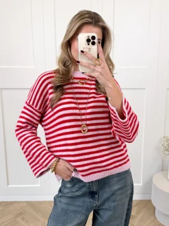 Strepen trui Fien rood/roze